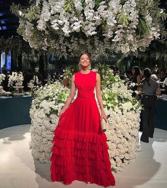 Elegante A-Linie U-Ausschnitt Roter Tüll Lange Ballkleider Partykleid 21. Geburtstag Outfits Abschlusskleider DH171