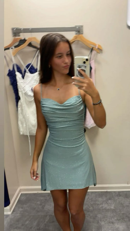 Modest A line Spaghetti Straps Blue Sequin Short Formal 8th Grade Homecoming Dresses Middle School Semi Mini Formal Hoco Dress Hoco Court Dresses DH1714