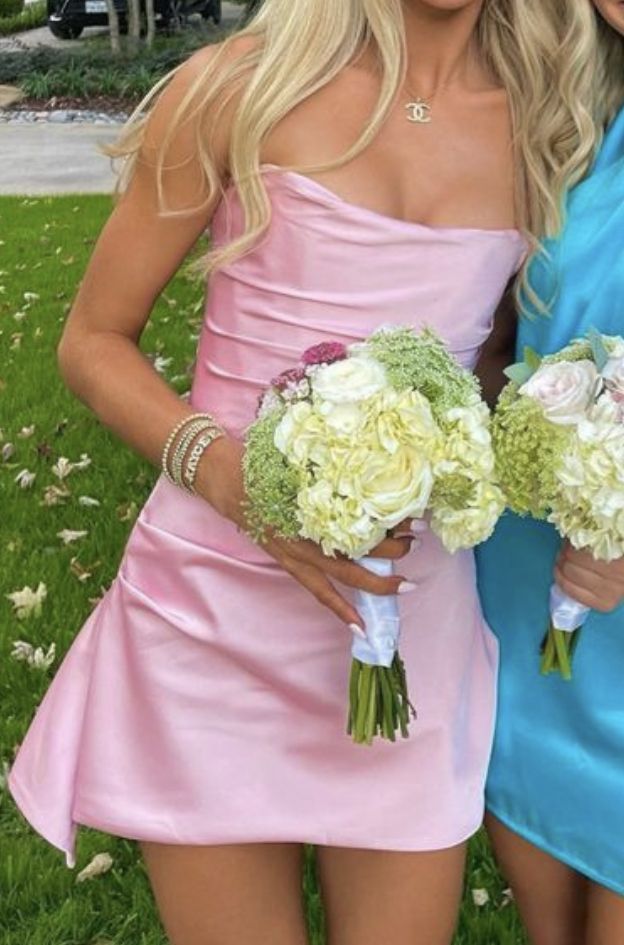 Classy A line Strapless Pink Satin Short Mini Formal 8th Grade Homecoming Dresses Middle School Hoco Court Dress 16th Birthday Dress Hoco Outfits DH1745
