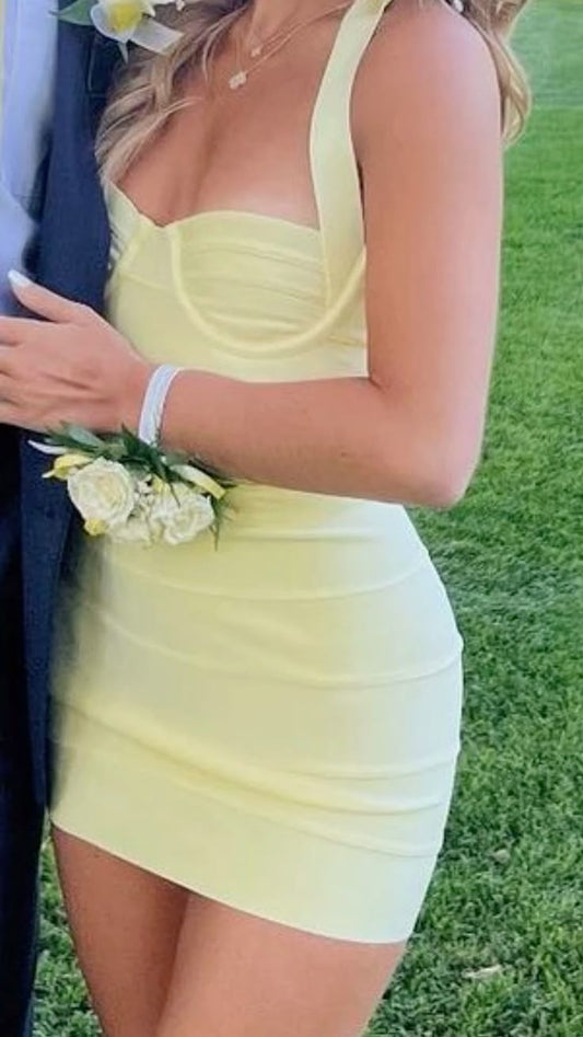 Robe fourreau élégante à col en cœur, courte et formelle, jaune, pour le bal de fin d'année, pour le collège, pour le 21e anniversaire, tenue Hoco DH1752