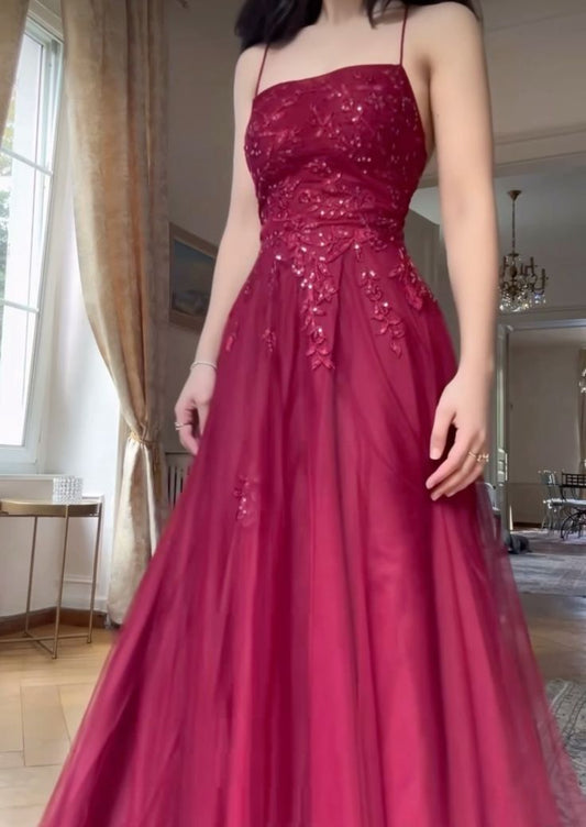 Elegante A-Linie Spaghettiträger Burgunder Tüll Lange Ballkleider Partykleid 21. Geburtstag Outfits Abschlusskleider DH176