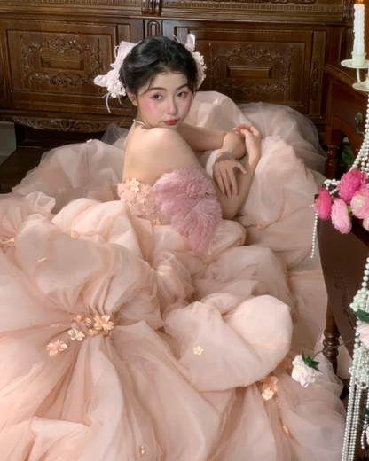 Vintage Wedding Gown Bridal Dress Ball Gown Strapless Organza Wedding Dress Pink Wedding Dresses Modest Wedding Gowns DH1761
