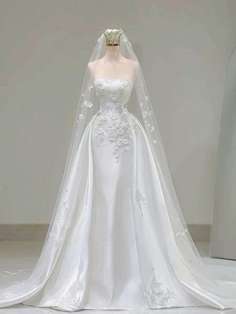 Robe de mariée sirène vintage en satin blanc sans bretelles, robe de mariée modeste, robe de mariée princesse DH1767