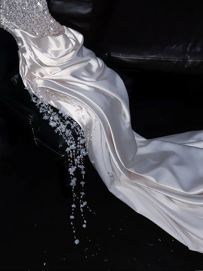 Luxury Mermaid Sweetheart White Satin Wedding Dress Modest Wedding Dresses Princess Wedding Gowns DH1773