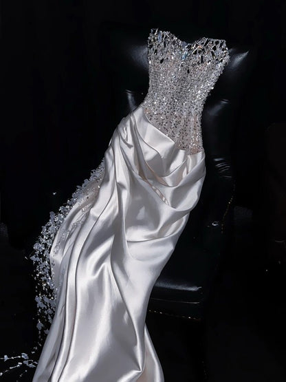 Luxury Mermaid Sweetheart White Satin Wedding Dress Modest Wedding Dresses Princess Wedding Gowns DH1773