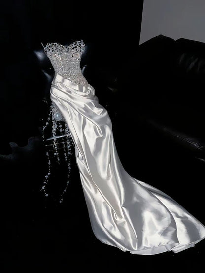 Luxury Mermaid Sweetheart White Satin Wedding Dress Modest Wedding Dresses Princess Wedding Gowns DH1773
