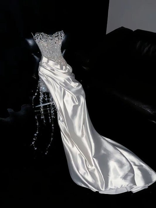 Luxury Mermaid Sweetheart White Satin Wedding Dress Modest Wedding Dresses Princess Wedding Gowns DH1773