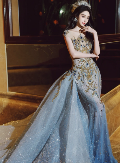 Luxus Meerjungfrau High Neck Hellhimmelblau Brautkleid Bescheidene Brautkleider Prinzessin Brautkleider DH1778