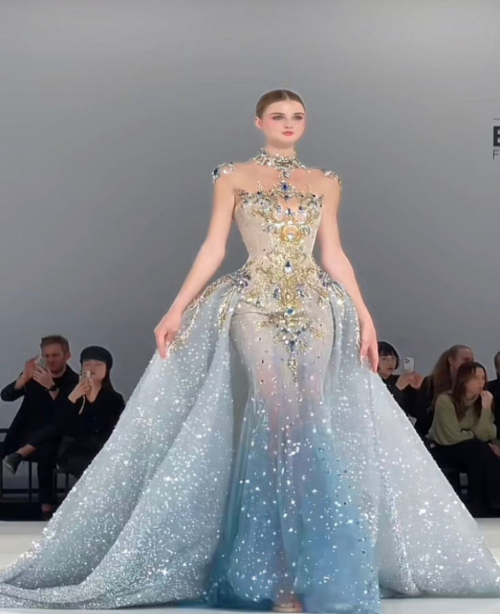 Luxus Meerjungfrau High Neck Hellhimmelblau Brautkleid Bescheidene Brautkleider Prinzessin Brautkleider DH1778