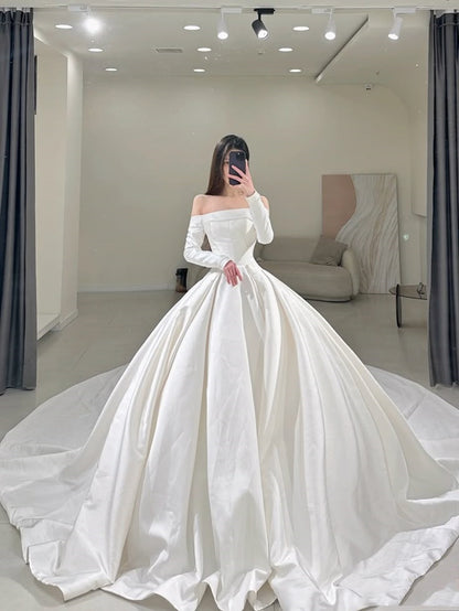 Prinzessin Brautkleid Ballkleid aus der Schulter weiß mit langen Ärmeln Brautkleid Satin Brautkleider bescheidene Brautkleider DH1784
