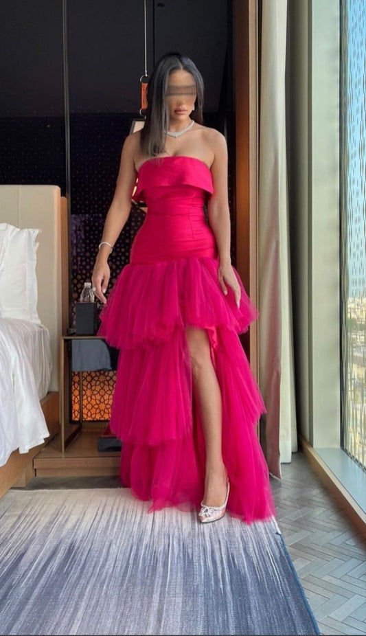 Elegantes Etuikleid, trägerlos, rosa Tüll, lange Ballkleider, Partykleid, 21. Geburtstag, Outfits, Abschlusskleider DH179