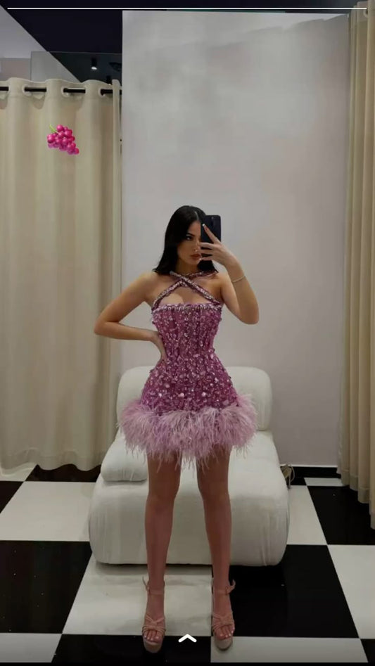 Cute Sheath Halter Lilac Sequin Formal 8th Grade Homecoming Dresses Short Summer Middle School Hoco Dress Tight Homecoming Outfits DH18