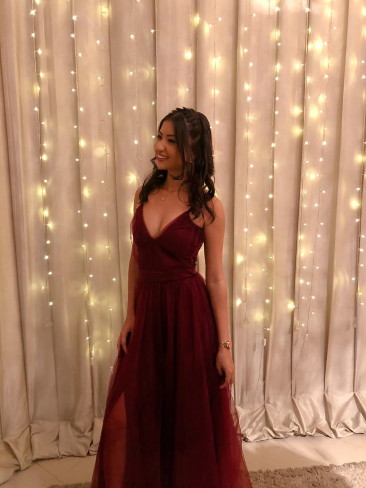Elegante A-Linie Spaghettiträger Burgunderrot Lange Ballkleider Partykleid 21. Geburtstag Outfits Abschlusskleider DH184