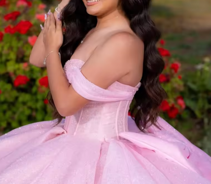 Hübsches Ballkleid aus der Schulter rosa Tüll lange Quinceanera Kleid formale Kleider Vestido de 15 Anos Sweet 16 Kleid DH1841