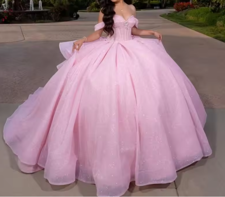 Hübsches Ballkleid aus der Schulter rosa Tüll lange Quinceanera Kleid formale Kleider Vestido de 15 Anos Sweet 16 Kleid DH1841