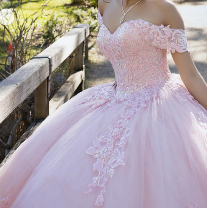 Modest Ball Gown Off The Shoulder Pink Tulle Lace Long Quinceanera Dress Formal Gowns Vestido De 15 Anos Sweet 16 Dress DH1853