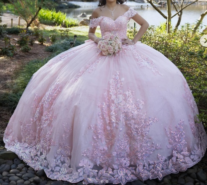 Modest Ball Gown Off The Shoulder Pink Tulle Lace Long Quinceanera Dress Formal Gowns Vestido De 15 Anos Sweet 16 Dress DH1853