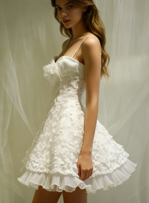 Cute A line Spaghetti Straps Short White Lace Formal 8th Grade Homecoming Dresses Middle School Short Cocktail Gowns Graduation Dress Hoco Outfits DH1893