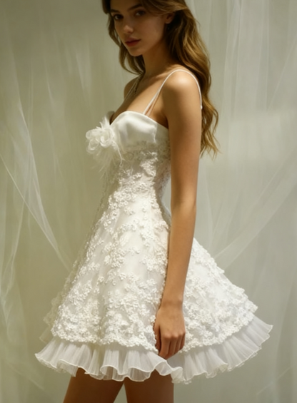 Cute A line Spaghetti Straps Short White Lace Formal 8th Grade Homecoming Dresses Middle School Short Cocktail Gowns Graduation Dress Hoco Outfits DH1893