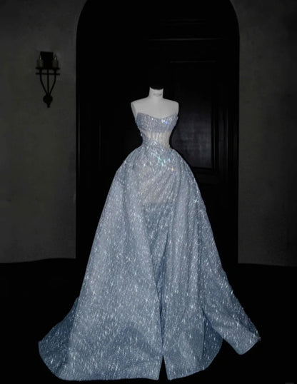 Sexy Meerjungfrau Trägerloses Silbergrau Pailletten Lange Ballkleider Partykleid 20. Geburtstag Outfits Abschlusskleider DH1896