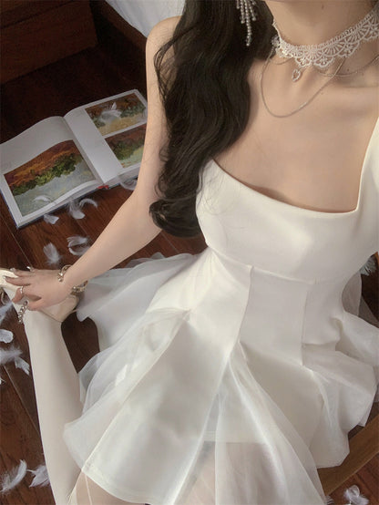 Cute A Line Square White Grad Dress Inspo Short Mini Formal 8th Grade Homecoming Dresses High School Hoco Court Dress Graduation Dress Hoco Outfits DH1897