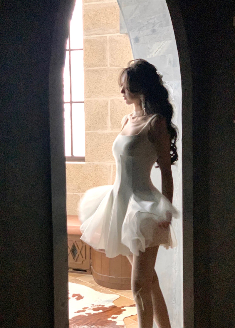 Cute A Line Square White Grad Dress Inspo Short Mini Formal 8th Grade Homecoming Dresses High School Hoco Court Dress Graduation Dress Hoco Outfits DH1897