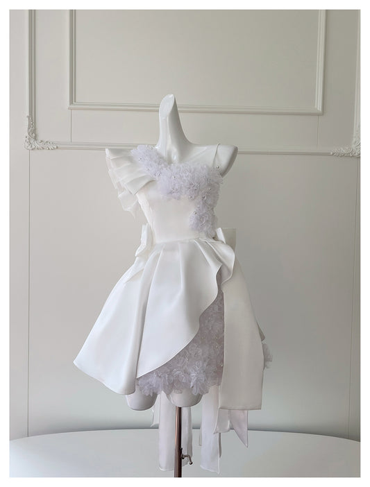 Cute A Line One Shoulder White Satin Short Mini Formal 8th Grade Homecoming Dresses High School Hoco Court Dress Graduation Dress Cocktail Outfits DH1898