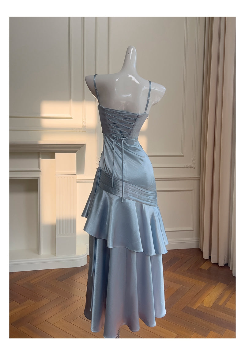 Sexy Meerjungfrau Spaghettiträger Staubblau Satin Lange Ballkleider Partykleid 20. Geburtstag Outfits Abschlusskleider DH1910