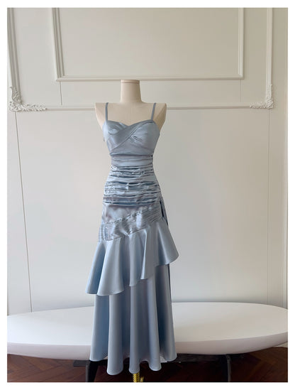 Sexy Meerjungfrau Spaghettiträger Staubblau Satin Lange Ballkleider Partykleid 20. Geburtstag Outfits Abschlusskleider DH1910