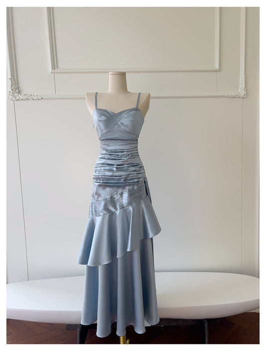 Sexy Meerjungfrau Spaghettiträger Staubblau Satin Lange Ballkleider Partykleid 20. Geburtstag Outfits Abschlusskleider DH1910