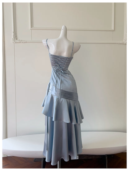 Sexy Meerjungfrau Spaghettiträger Staubblau Satin Lange Ballkleider Partykleid 20. Geburtstag Outfits Abschlusskleider DH1910