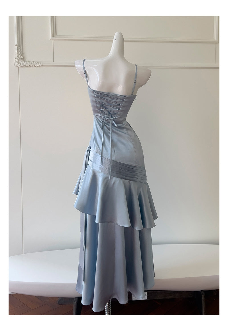 Sexy Meerjungfrau Spaghettiträger Staubblau Satin Lange Ballkleider Partykleid 20. Geburtstag Outfits Abschlusskleider DH1910