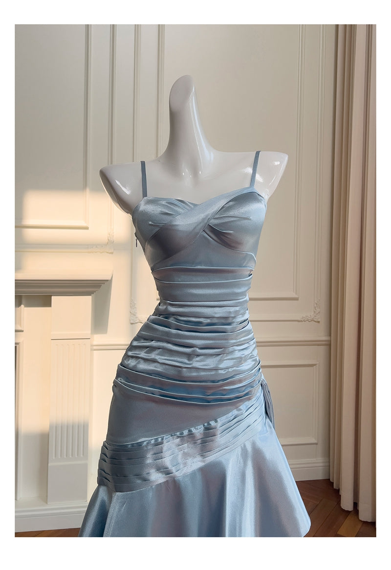 Sexy Meerjungfrau Spaghettiträger Staubblau Satin Lange Ballkleider Partykleid 20. Geburtstag Outfits Abschlusskleider DH1910