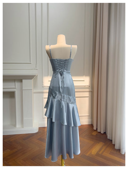 Sexy Meerjungfrau Spaghettiträger Staubblau Satin Lange Ballkleider Partykleid 20. Geburtstag Outfits Abschlusskleider DH1910