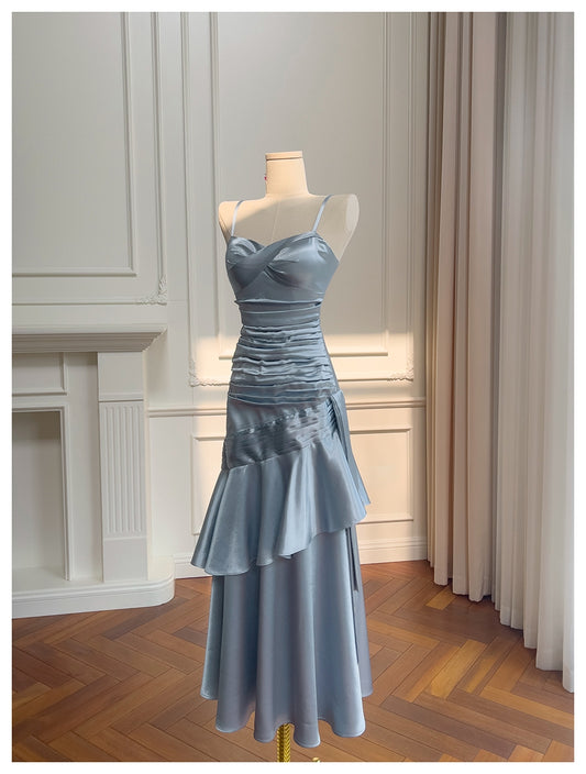 Sexy Meerjungfrau Spaghettiträger Staubblau Satin Lange Ballkleider Partykleid 20. Geburtstag Outfits Abschlusskleider DH1910