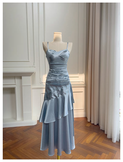 Sexy Meerjungfrau Spaghettiträger Staubblau Satin Lange Ballkleider Partykleid 20. Geburtstag Outfits Abschlusskleider DH1910