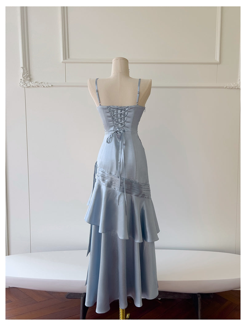 Sexy Meerjungfrau Spaghettiträger Staubblau Satin Lange Ballkleider Partykleid 20. Geburtstag Outfits Abschlusskleider DH1910
