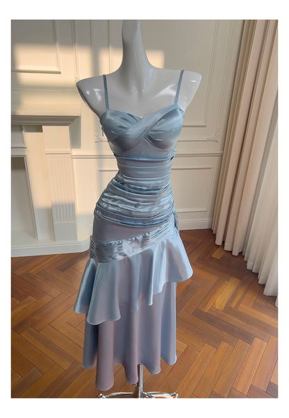Sexy Meerjungfrau Spaghettiträger Staubblau Satin Lange Ballkleider Partykleid 20. Geburtstag Outfits Abschlusskleider DH1910