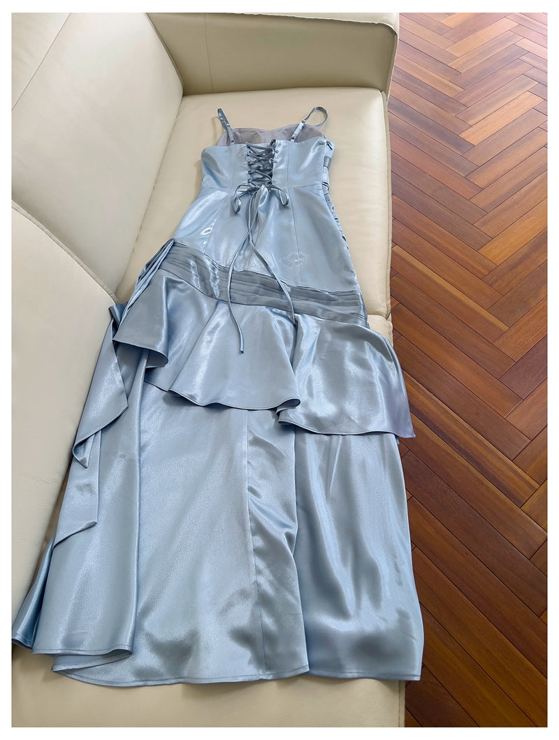 Einfache Meerjungfrau Spaghettiträger Staubblau Satin Lange Ballkleider Partykleid 20. Geburtstag Outfits Abschlusskleider DH1911