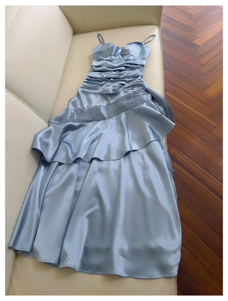 Einfache Meerjungfrau Spaghettiträger Staubblau Satin Lange Ballkleider Partykleid 20. Geburtstag Outfits Abschlusskleider DH1911