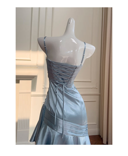 Einfache Meerjungfrau Spaghettiträger Staubblau Satin Lange Ballkleider Partykleid 20. Geburtstag Outfits Abschlusskleider DH1911