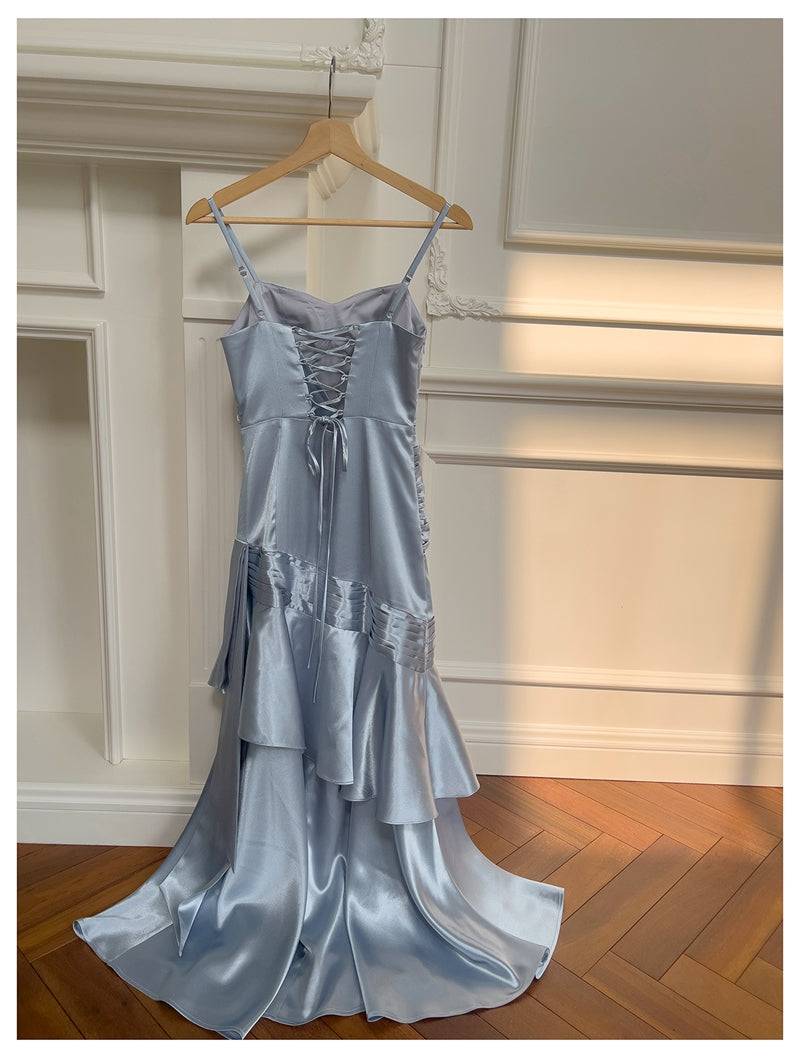 Einfache Meerjungfrau Spaghettiträger Staubblau Satin Lange Ballkleider Partykleid 20. Geburtstag Outfits Abschlusskleider DH1911