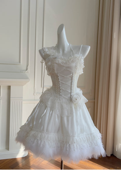 Pretty Ball Gown Spaghetti Straps Corset Back White Grad Dress Inspo Short Mini Formal 8th Grade Homecoming Dresses High School Hoco Court Dress Graduation Dress Cocktail Birthday Outfits DH1913