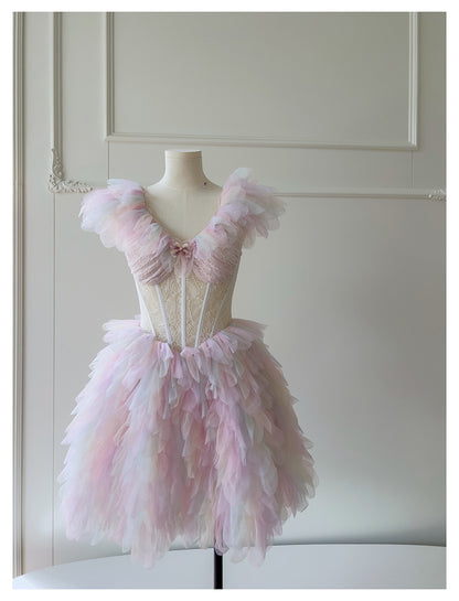 Cute Ball Gown V Neck Pink Grad Dress Inspo Short Mini Formal 8th Grade Homecoming Dresses High School Hoco Court Dress Graduation Dress Cocktail Birthday Outfits DH1915