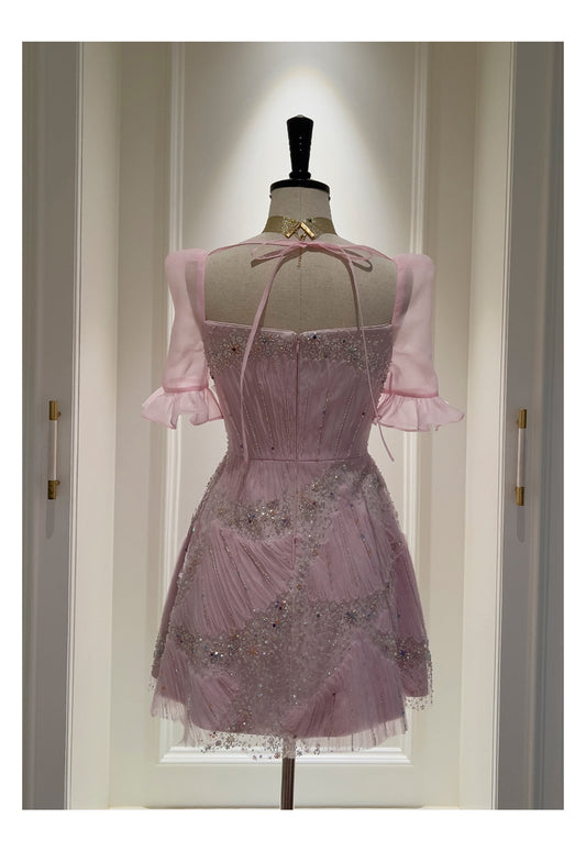 Cute A Line Square Neck Pink Sequin Grad Dress Inspo Short Mini Formal 8th Grade Homecoming Dresses High School Hoco Court Dress Graduation Dress Cocktail Dress 16th Birthday Outfits DH1916