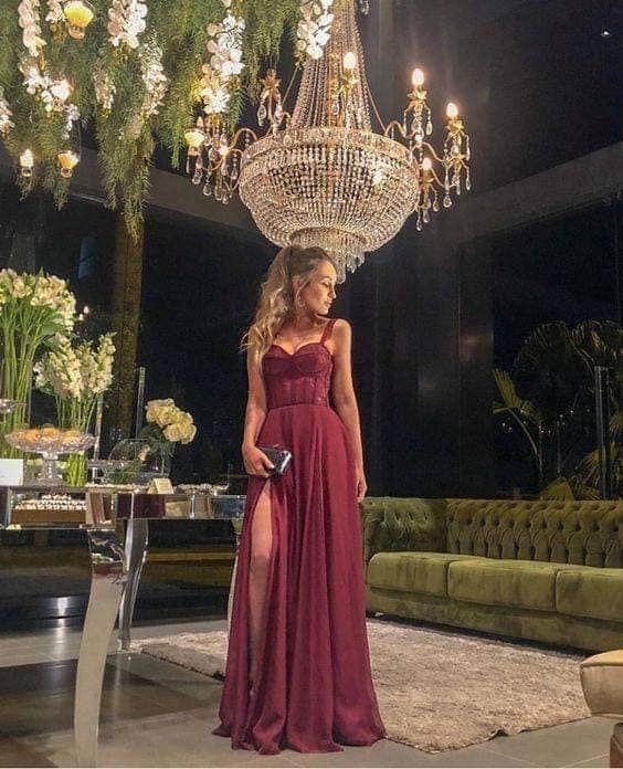 Ausgefallene A-Linie Träger Burgunder Spitze Schlitz Chiffon Ärmellos Langes Abendkleid Partykleider Abend Besondere Abendkleider Ballkleid DH192