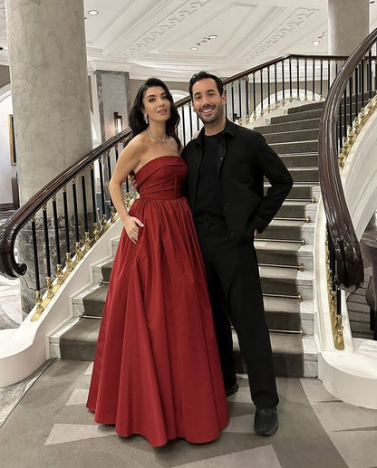 Glamorous A Line Strapless Burgundy Long Evening Party Gowns Evening Special Formal Dresses Prom Dress DH193