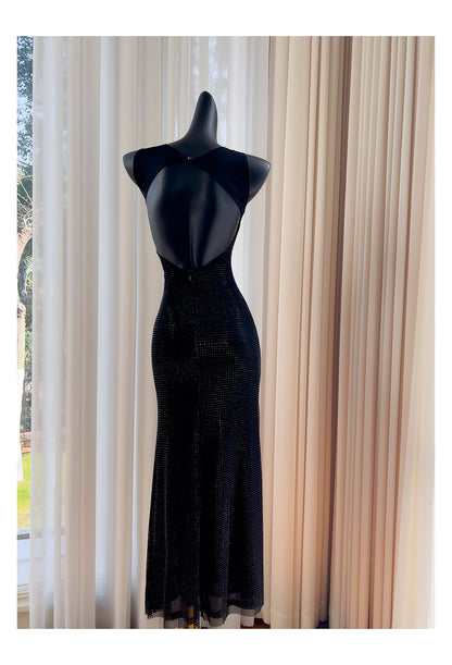 Sexy Meerjungfrau Square Neck Schwarze Pailletten Lange Ballkleider Partykleid 20. Geburtstag Outfits Abschlusskleider DH1995