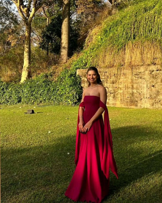Edle A-Linie trägerloses Burgunderrotes langes Chiffon-Abschlussballkleid Sommerkleid für Hochzeitsgäste Kleider für Brautgäste Hochzeits-Outfits für Gäste DH2036