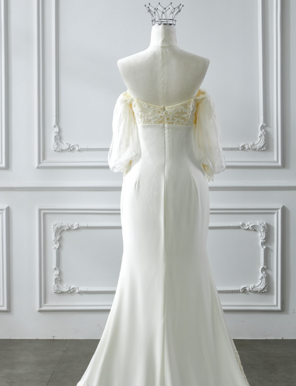 Romantisches Brautkleid Brautkleid A-Linie Square Neck Satin Brautkleid Elfenbein Brautkleider Bescheidene Brautkleider DH2038